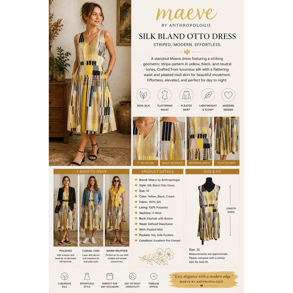 Anthropologie Maeve Silk Bland Otto Dress SZ10 Striped Pleated Midi